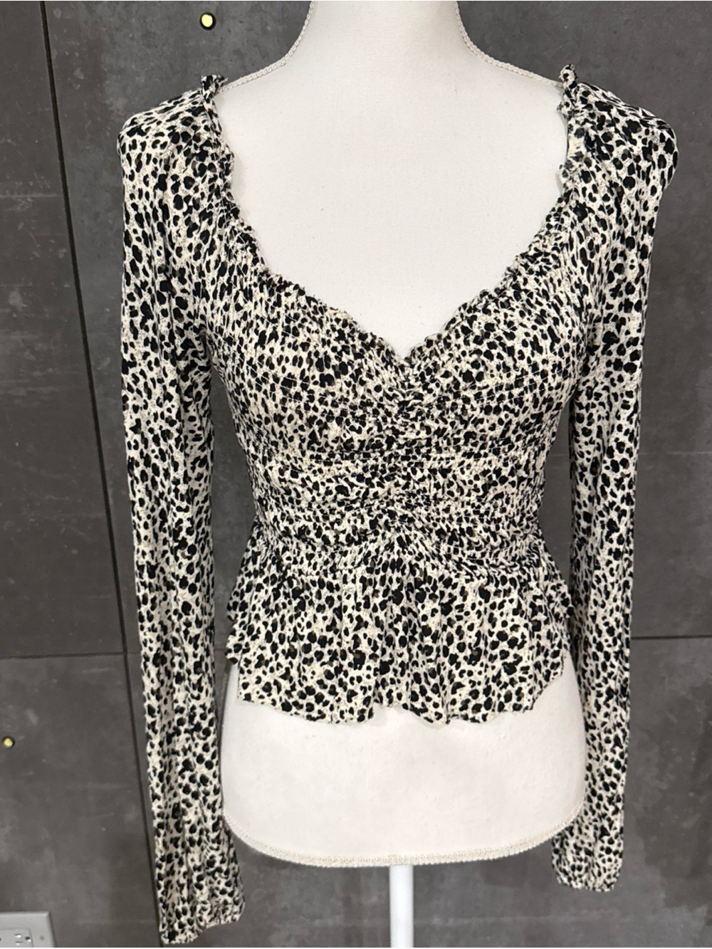 Urban Outfitters Black and Cream Leopard Smocked Long Sleeve Top